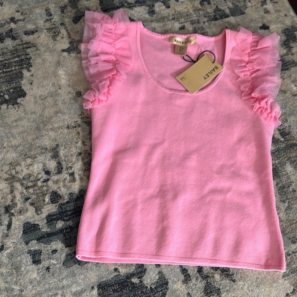 Bailey 44 Pink Tulle Ruffle Sleeve Ribbed Top
